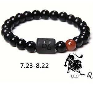 Leo Zodiac Signs Charm Bracelet Natural 8mm Black Onyx Stone Beads